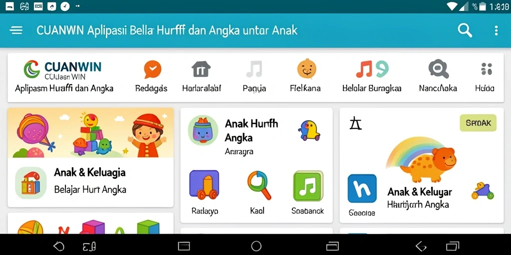 Tampilan menarik dari aplikasi CUANWIN untuk belajar huruf dan angka.
