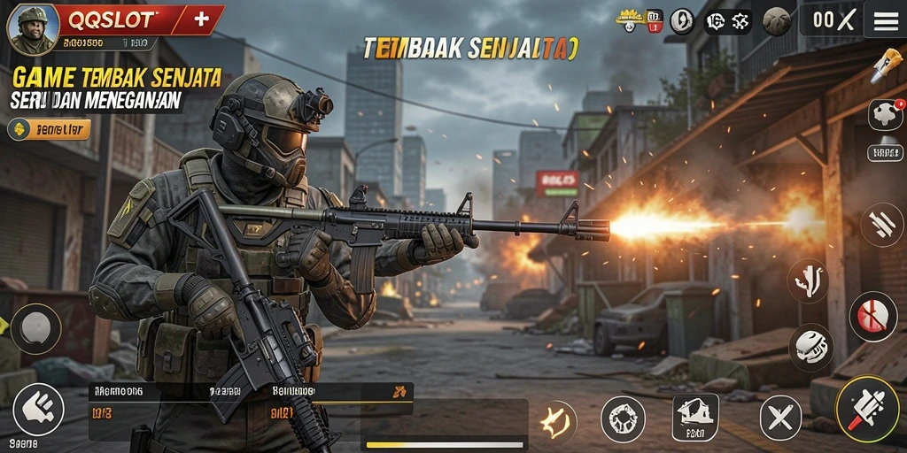 Tampilan antarmuka QQSLOT menampilkan aksi tembak menembak yang seru.